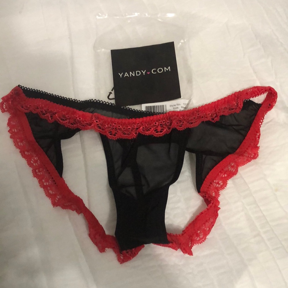Yandy Black Sheer Bikini with Red Lace Trim NWT